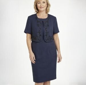 Marianna Navy Short Sleeve Cocktail Party Dress W/ Beaded Faux Jacket Size 12